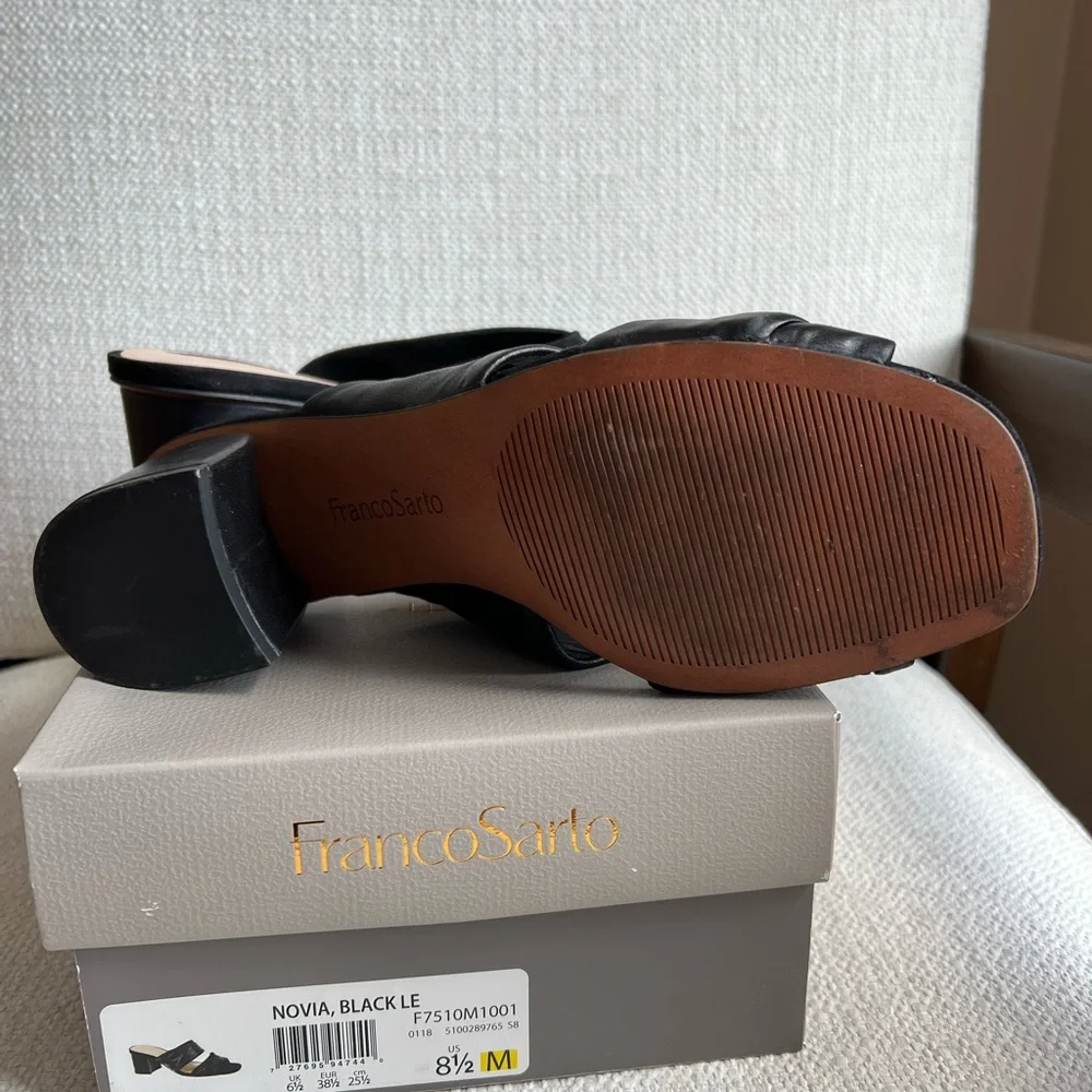 Franco Sarto Black Leather Sandals Mules with Block Heel Size 8.5